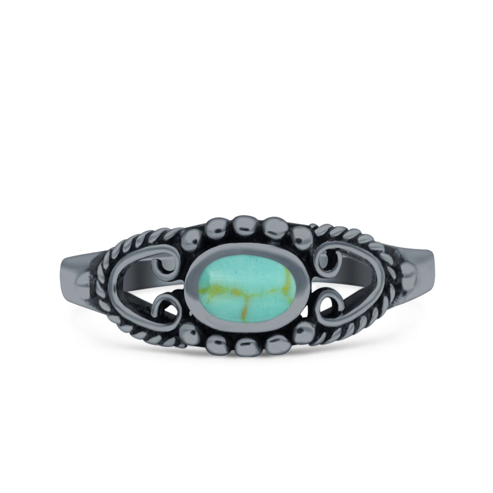 Vintage Style Oval Lab Opal Ring Solid Oxidized 925 Sterling Silver