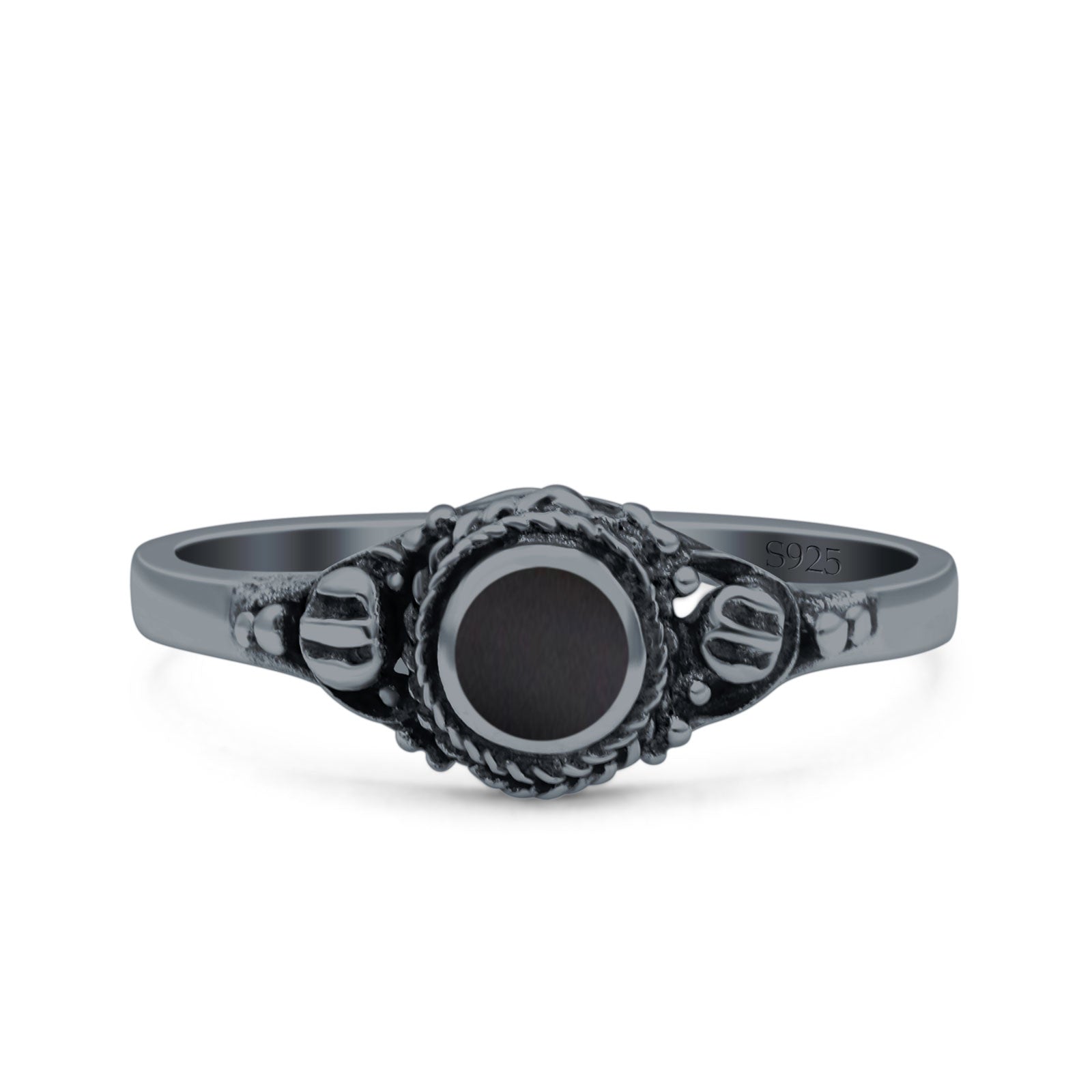 Vintage Style Round Lab Opal Ring Solid Oxidized 925 Sterling Silver