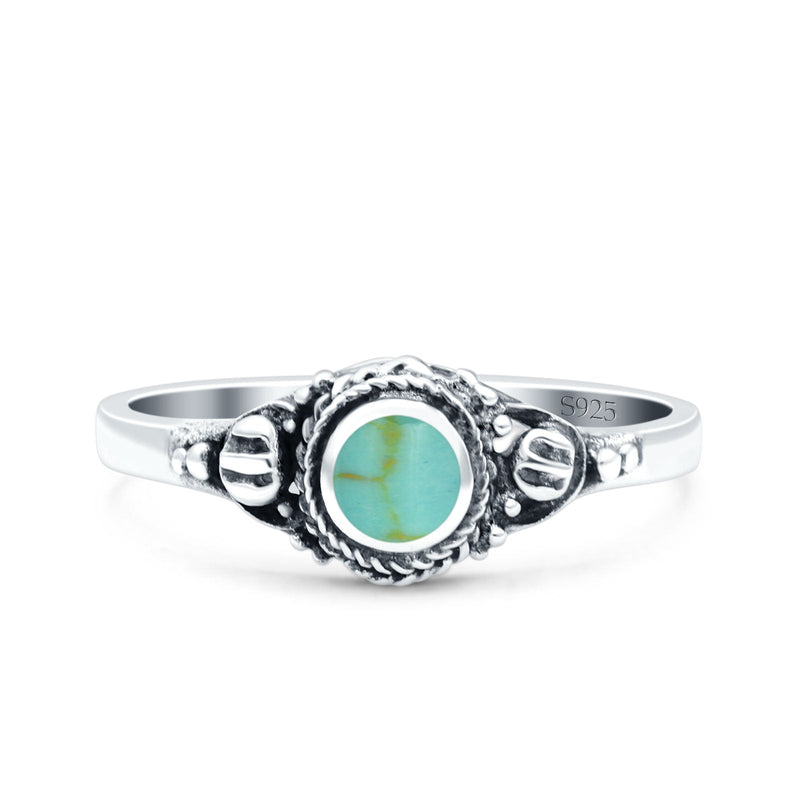 Vintage Style Round Lab Opal Ring Solid Oxidized 925 Sterling Silver