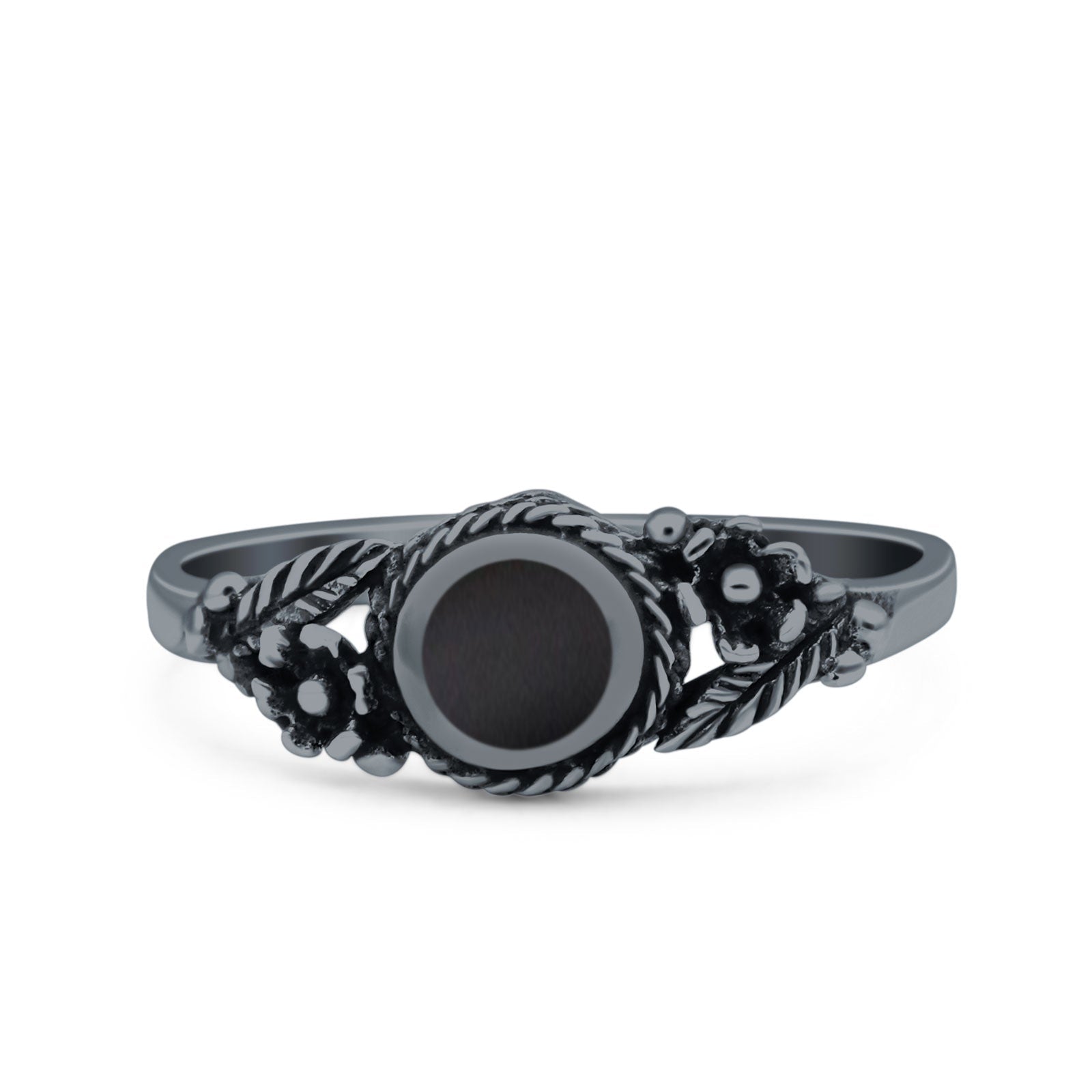 Vintage Style Round Lab Opal Ring Solid Oxidized 925 Sterling Silver