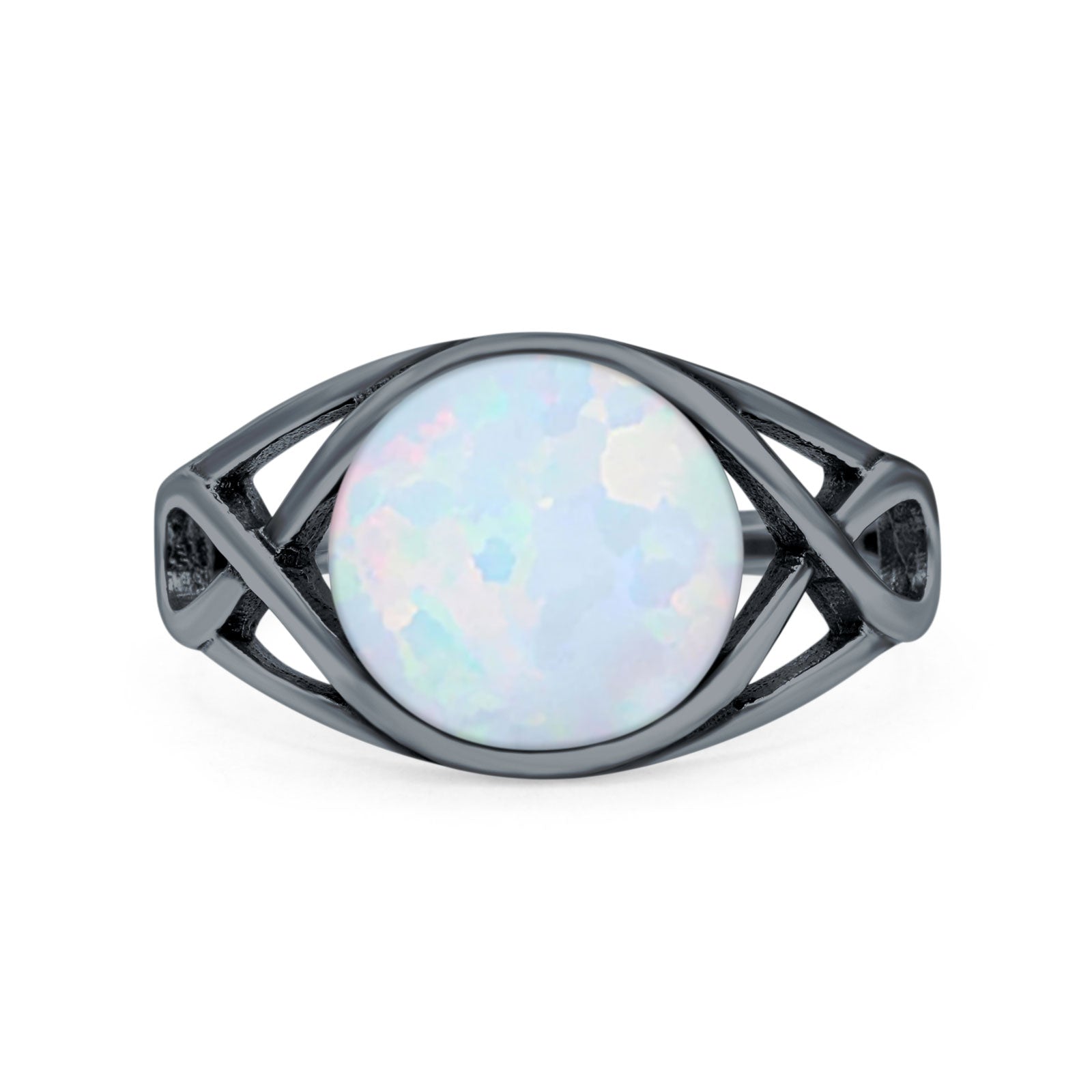 Infinity Shank Lab Opal Ring Solid Round Oxidized 925 Sterling Silver