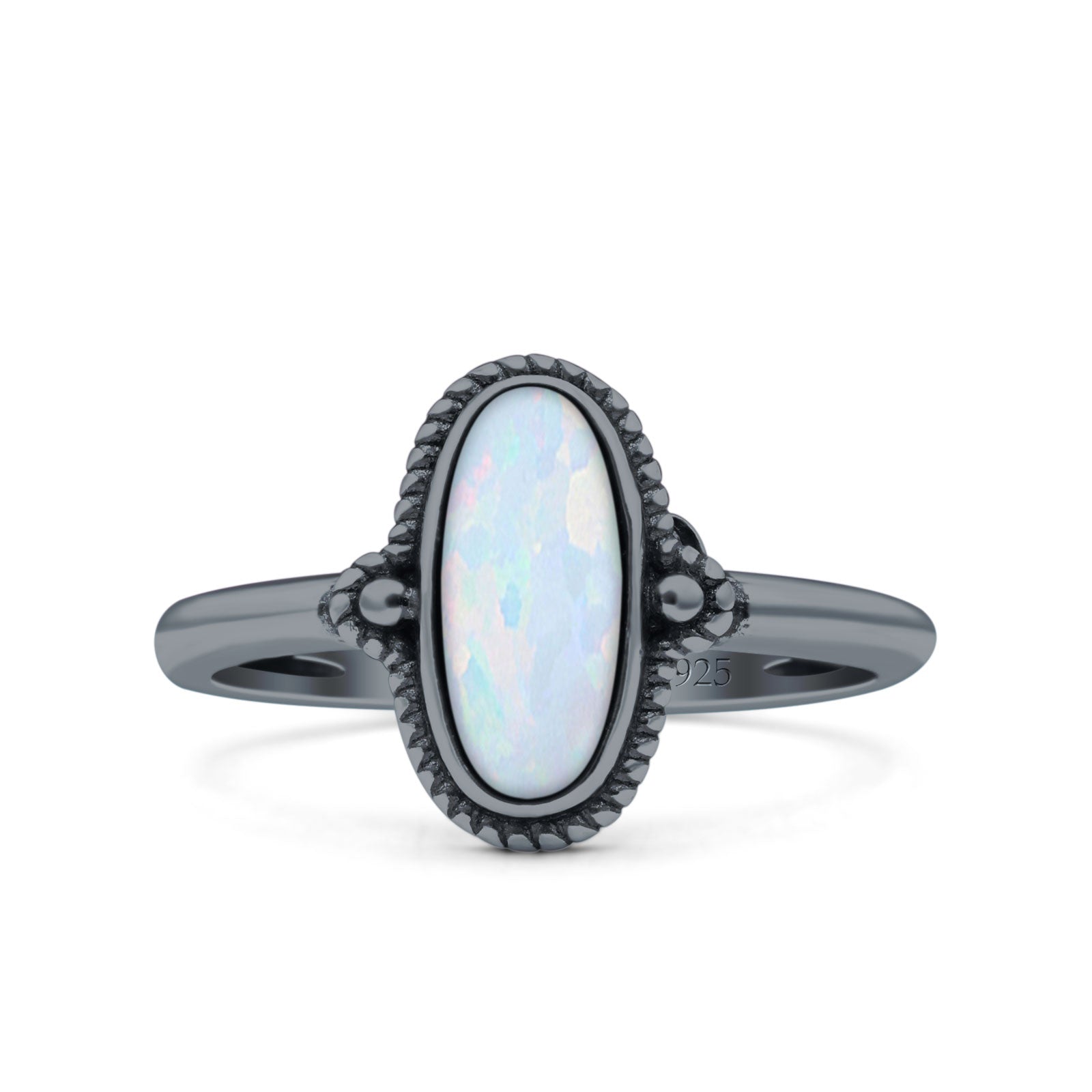 Vintage Style Petite Dainty Lab Opal Ring Solid Oval Oxidized 925 Sterling Silver