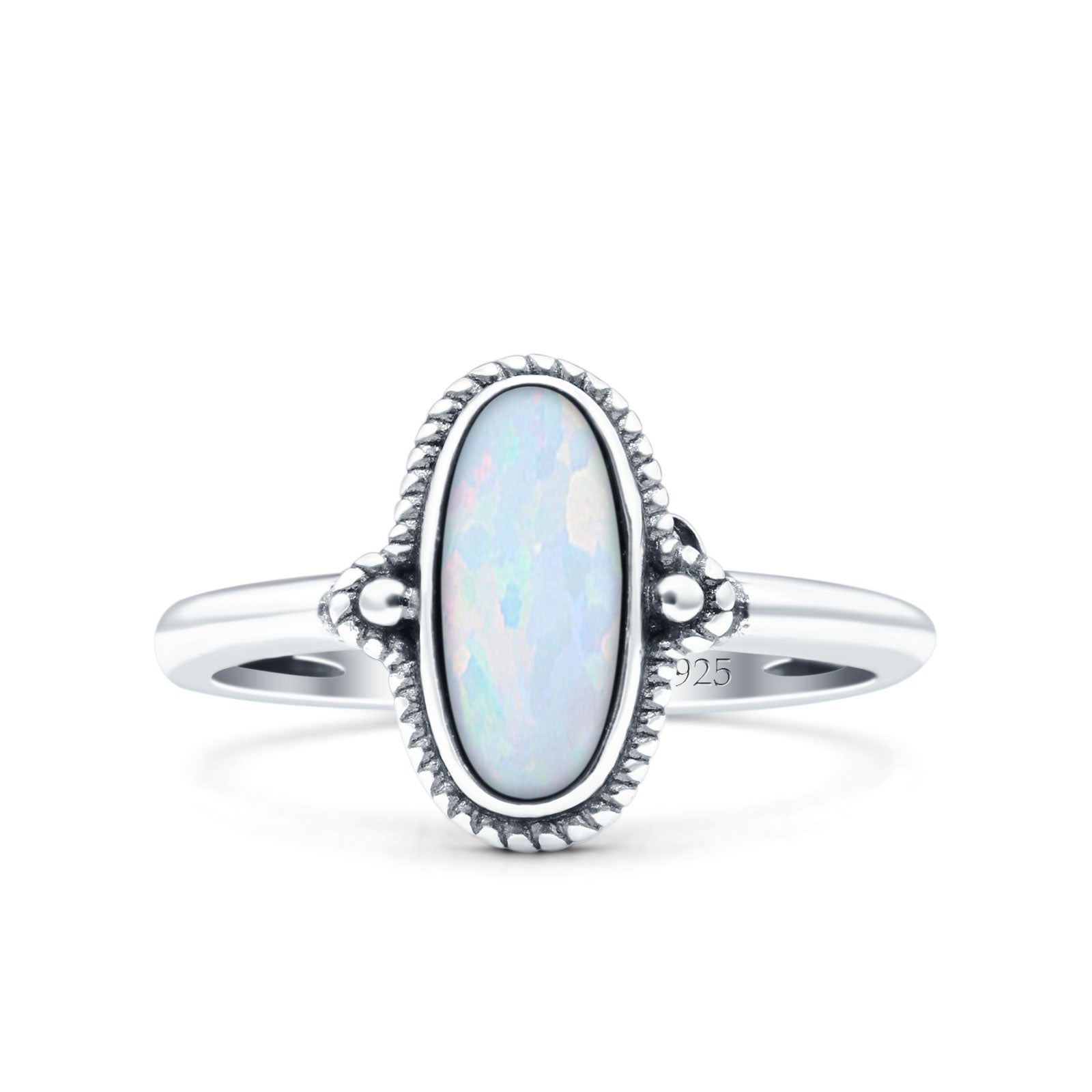 Vintage Style Petite Dainty Lab Opal Ring Solid Oval Oxidized 925 Sterling Silver