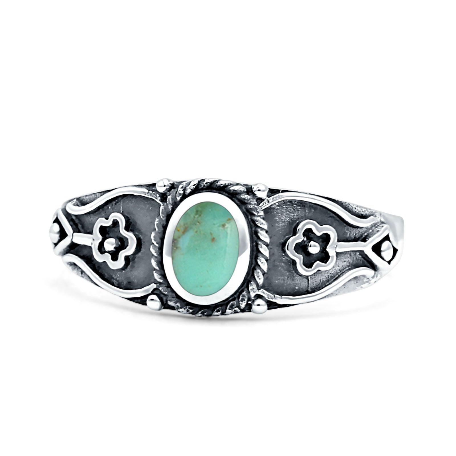 Vintage Style Flower Design Oval Thumb Ring Statement Fashion Oxidized Lab Created Opal 925 Sterling Silver