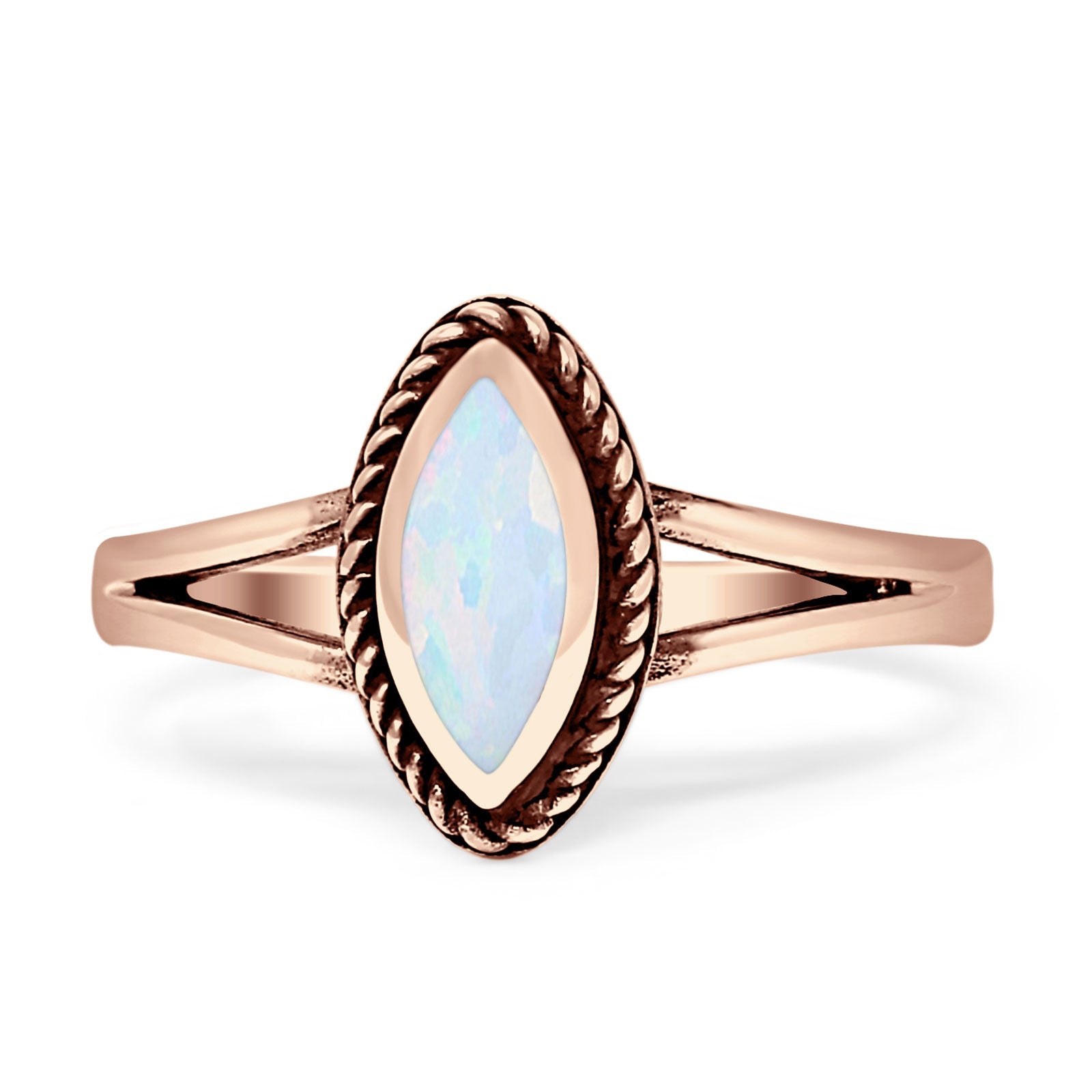 Marquise Twisted Rope Oxidized Split Shank Created Blue & White Opal Thumb Ring 925 Sterling Silver
