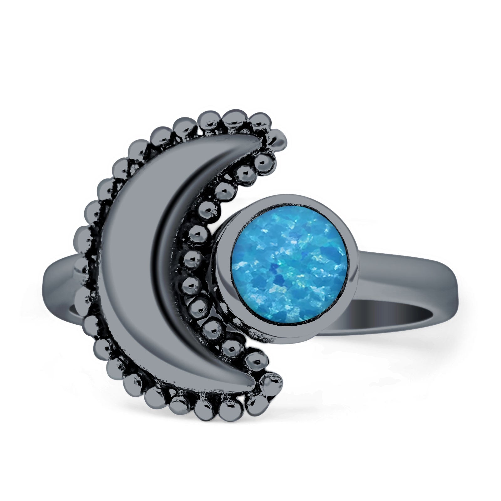 Crescent Moon Ring Opal Oxidized 925 Sterling Silver