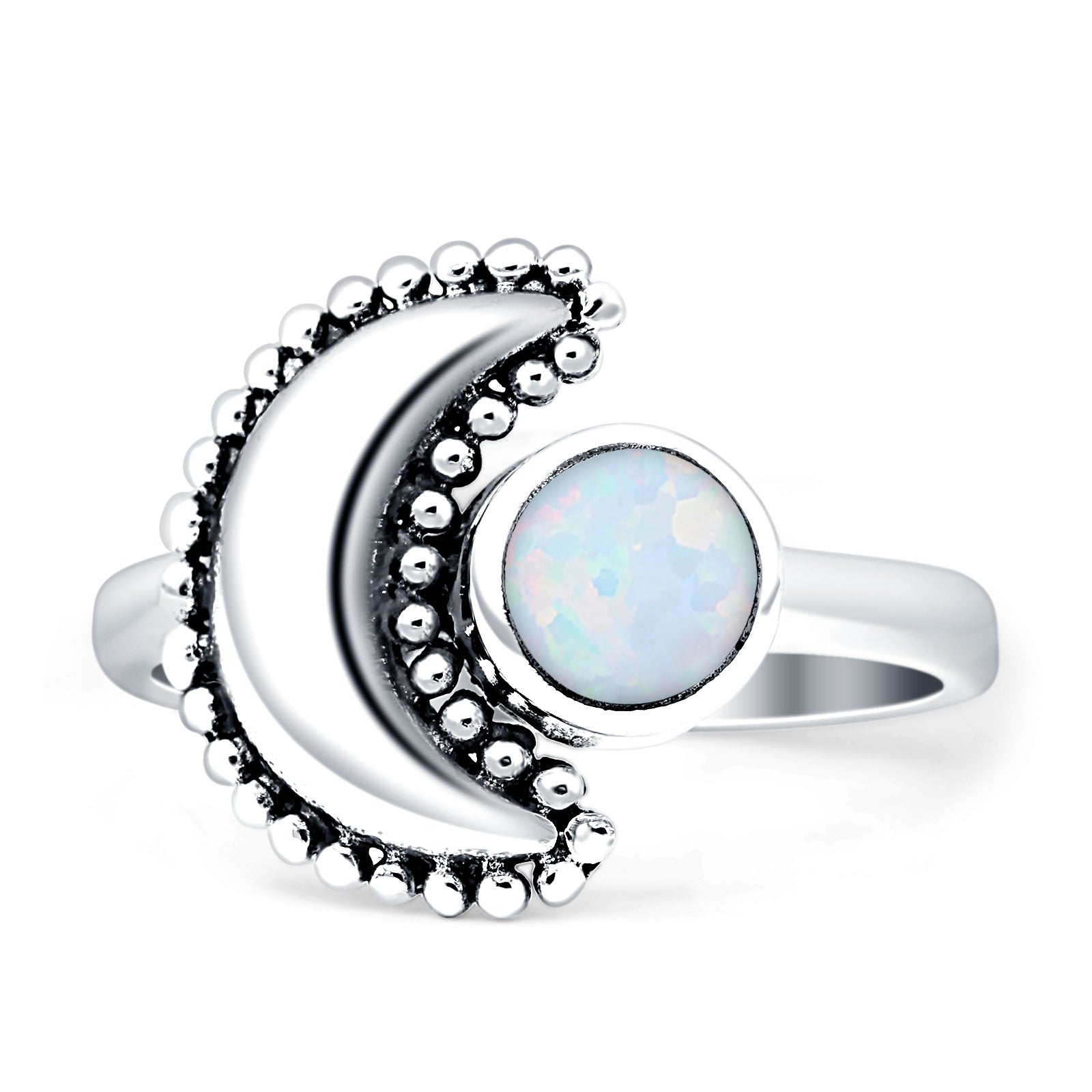 Crescent Moon Ring Opal Oxidized 925 Sterling Silver