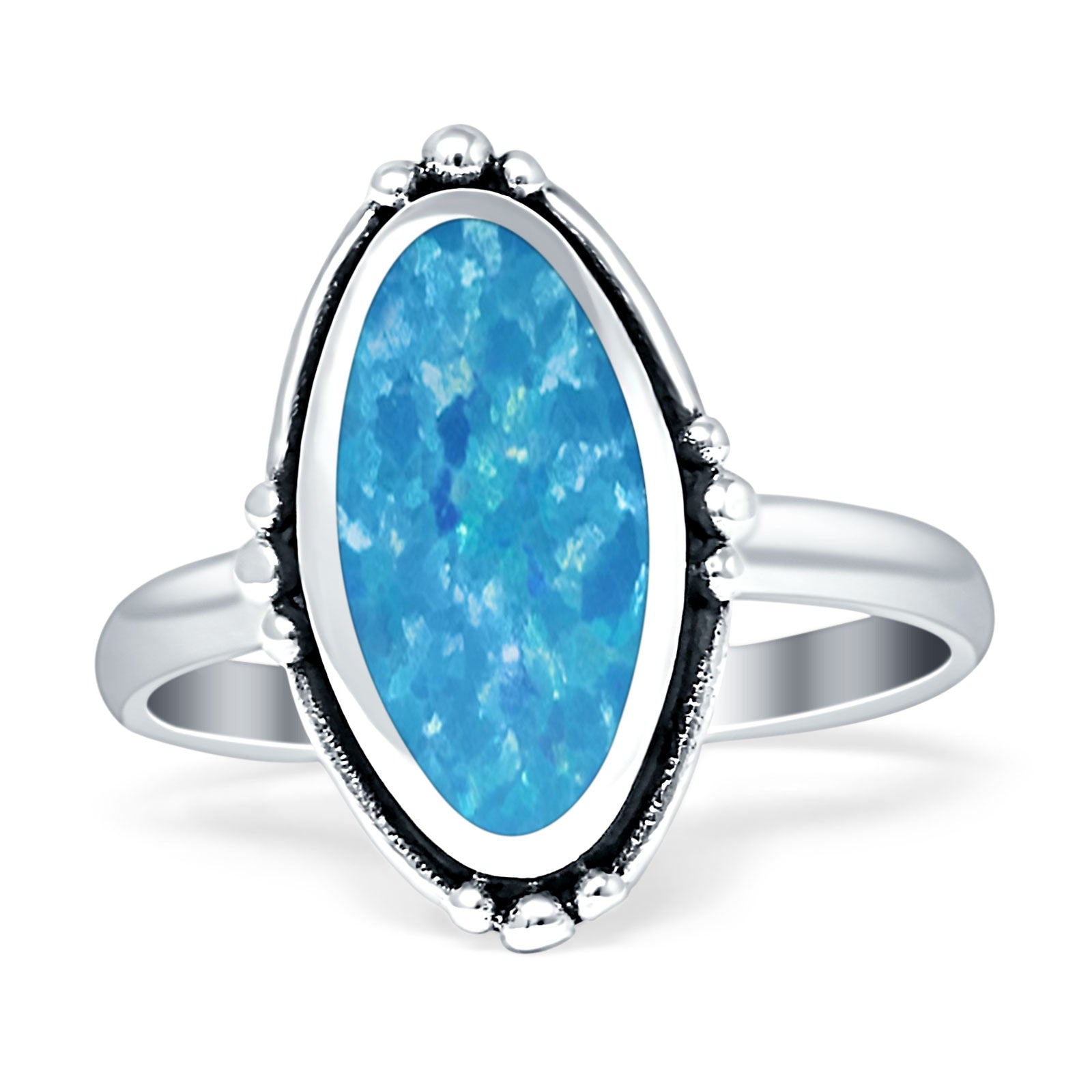 Oval Oxidized Created White & Blue Opal Thumb Ring 925 Sterling Silver