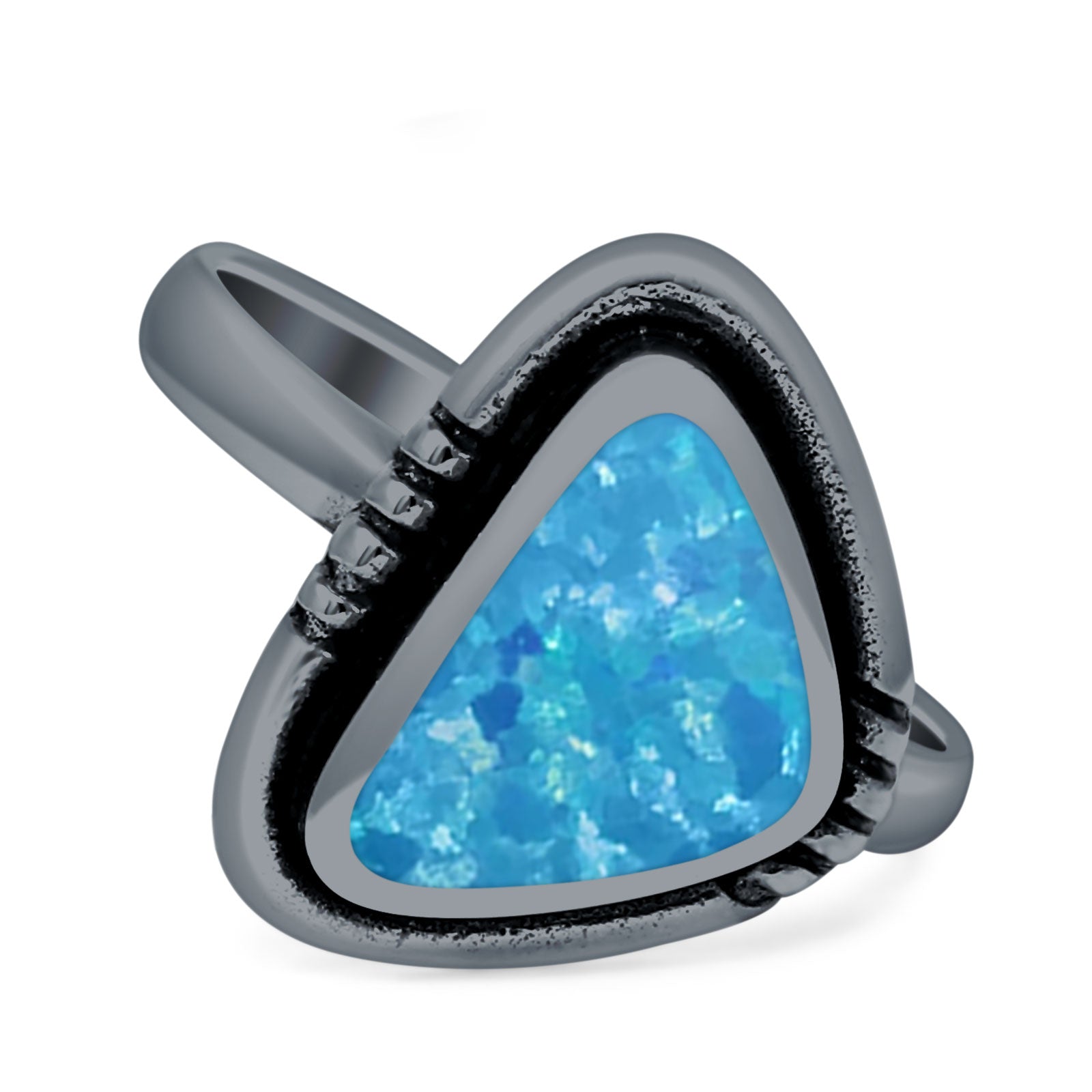 Triangular Ring Created White Opal & Blue Opal Oxidized 925 Sterling Silver