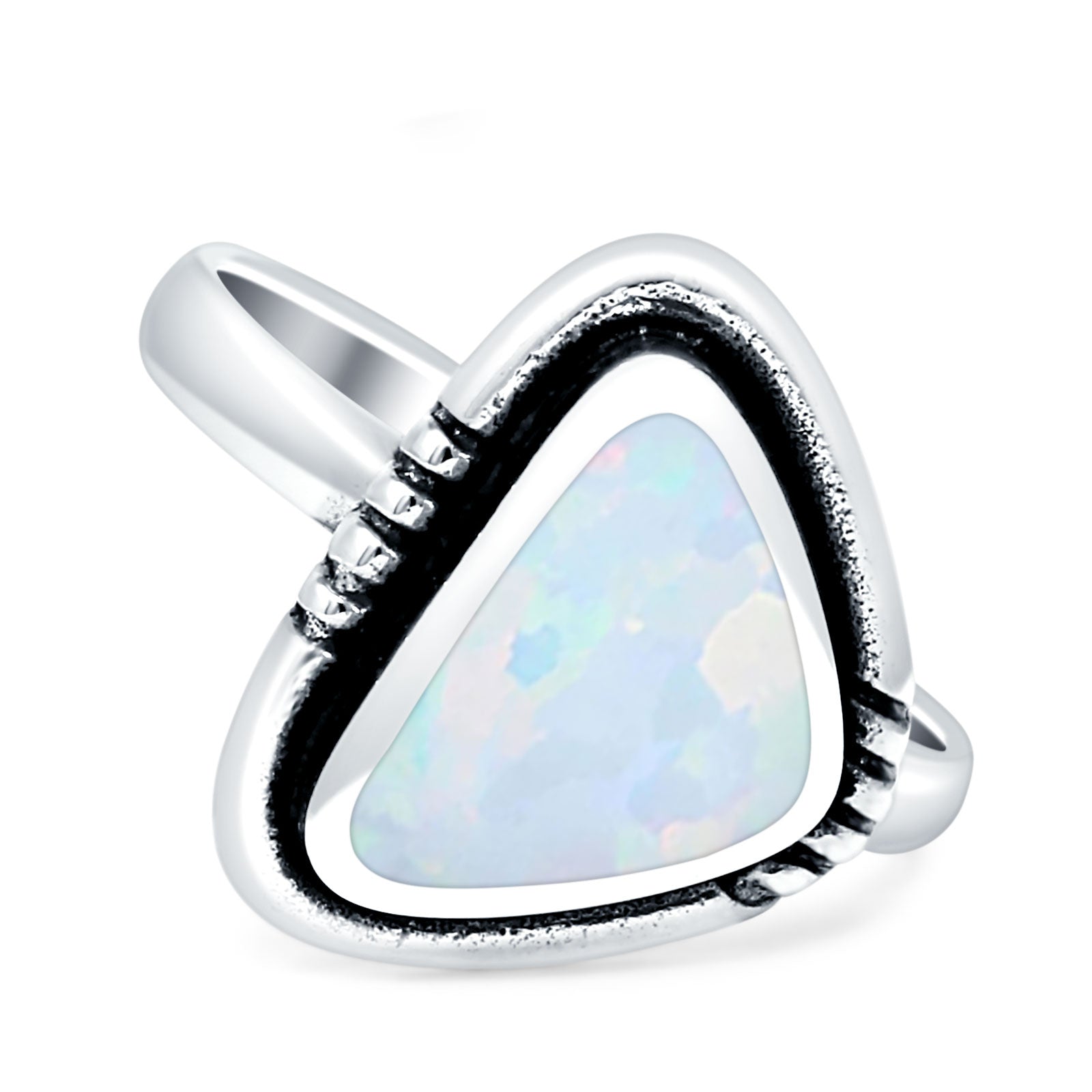 Triangular Ring Created White Opal & Blue Opal Oxidized 925 Sterling Silver