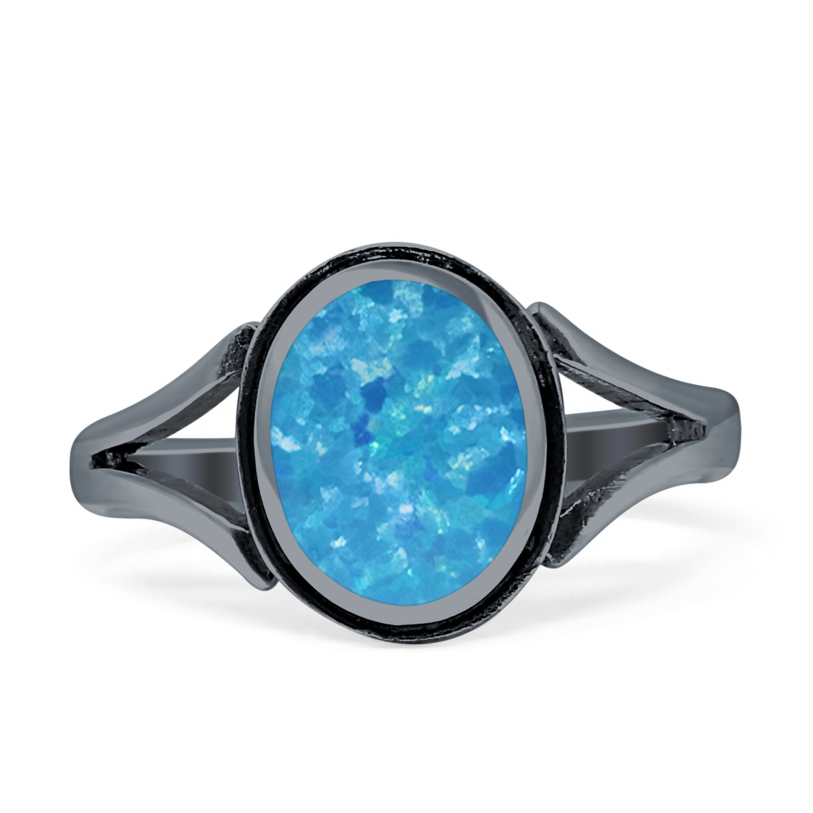 Oval Split Shank Created Opal Oxidized Ring 925 Sterling Silver