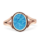Oval Split Shank Created Opal Oxidized Ring 925 Sterling Silver