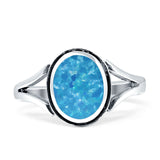 Oval Split Shank Created Opal Oxidized Ring 925 Sterling Silver