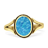 Oval Split Shank Created Opal Oxidized Ring 925 Sterling Silver