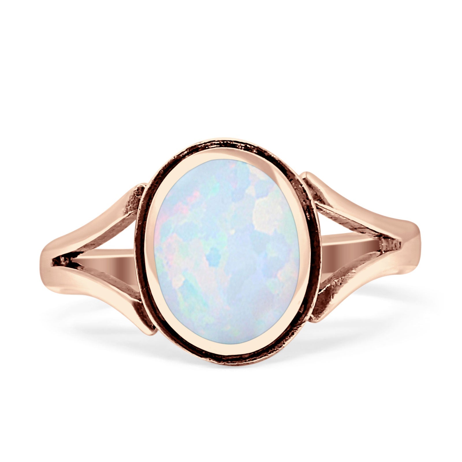 Oval Split Shank Created Opal Oxidized Ring 925 Sterling Silver