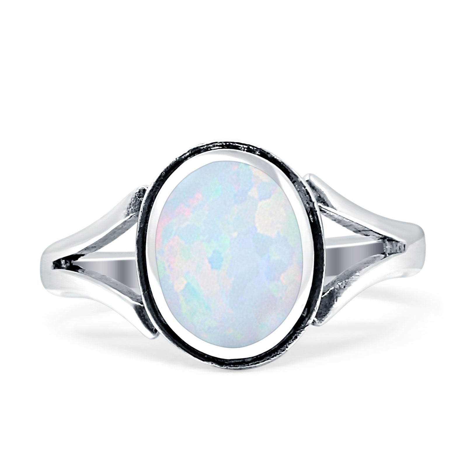 Oval Split Shank Created Opal Oxidized Ring 925 Sterling Silver