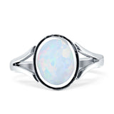 Oval Split Shank Created Opal Oxidized Ring 925 Sterling Silver