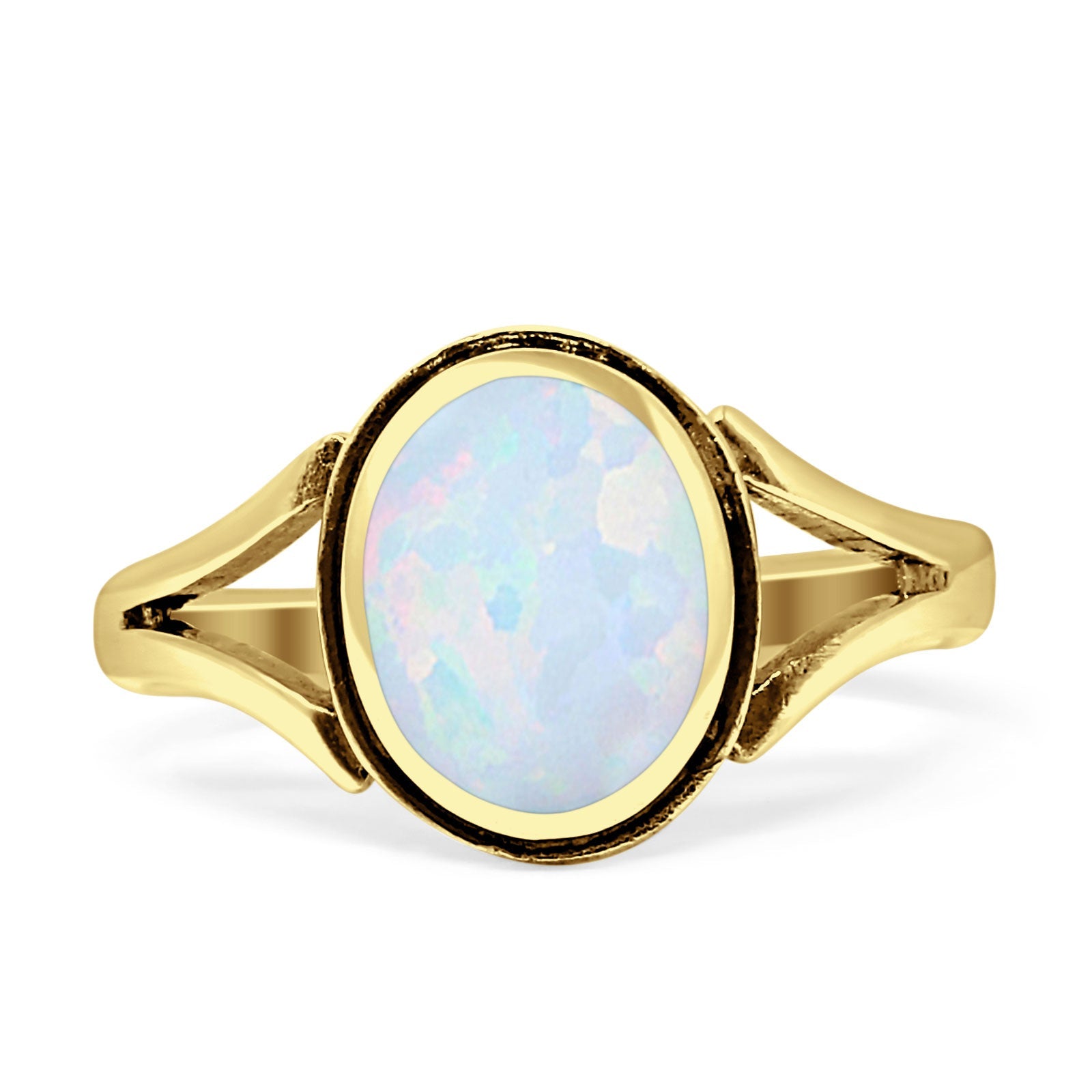 Oval Split Shank Created Opal Oxidized Ring 925 Sterling Silver