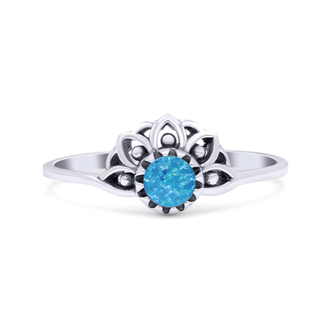 Flower Petite Dainty Thumb Ring Round Lab Created Opal Statement Fashion Ring Oxidized 925 Sterling Silver