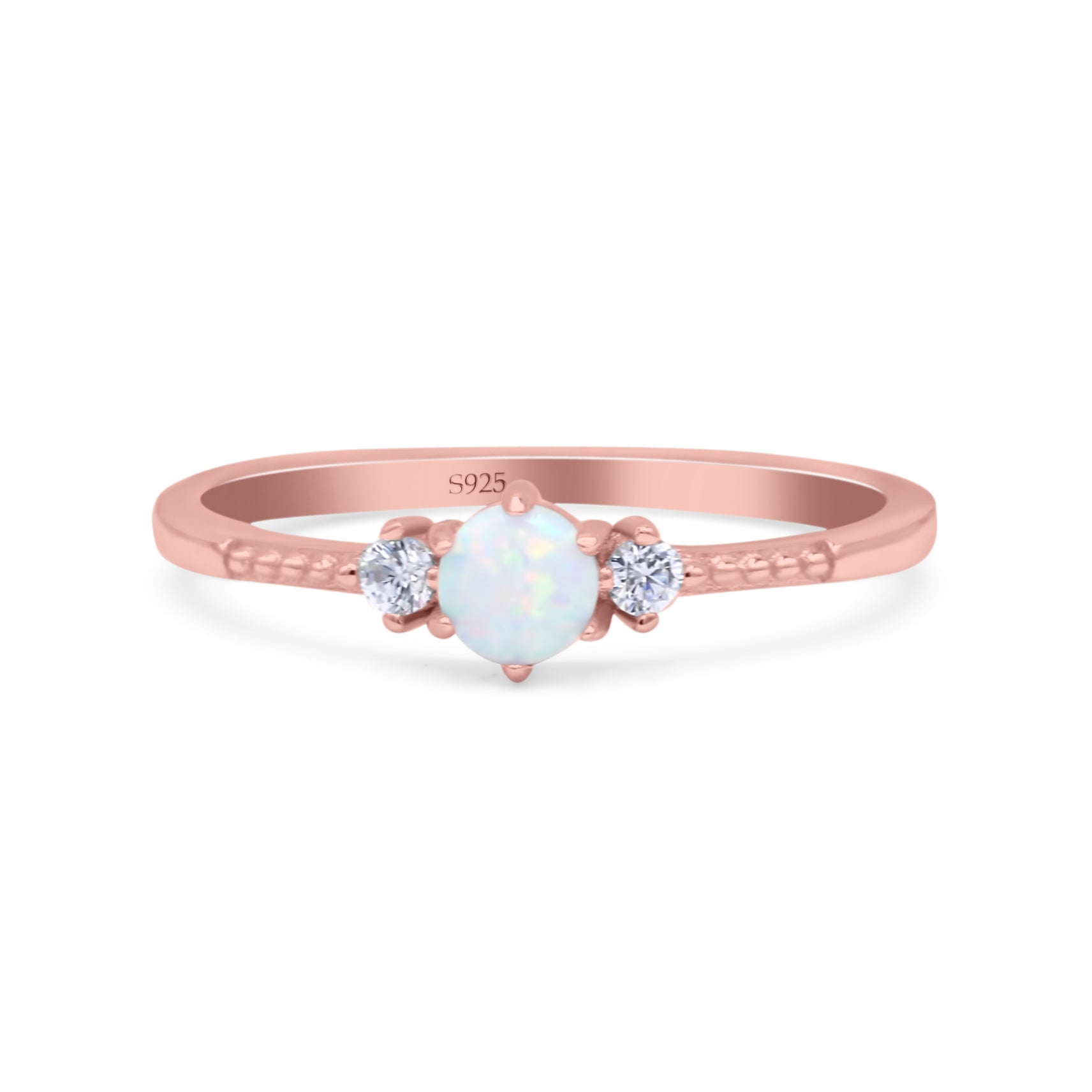 Three Stone Created Opal Petite Dainty Thumb Ring Round Statement Fashion Ring Solid 925 Sterling Silver