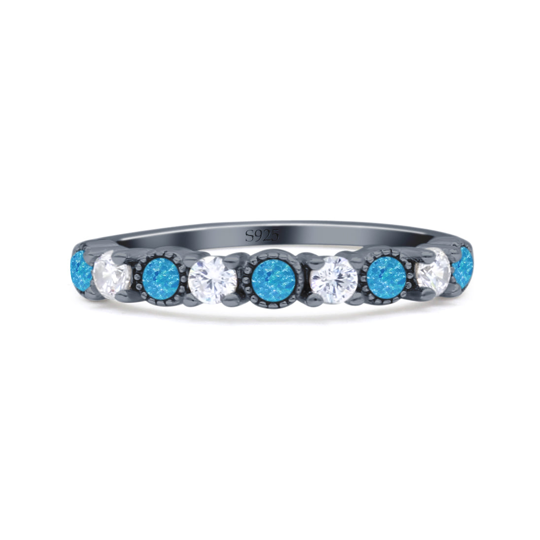 Half Eternity Ring Wedding Engagement Band Round Lab Created Opal 925 Sterling Silver