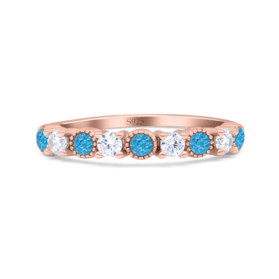 Half Eternity Ring Wedding Engagement Band Round Lab Created Opal 925 Sterling Silver