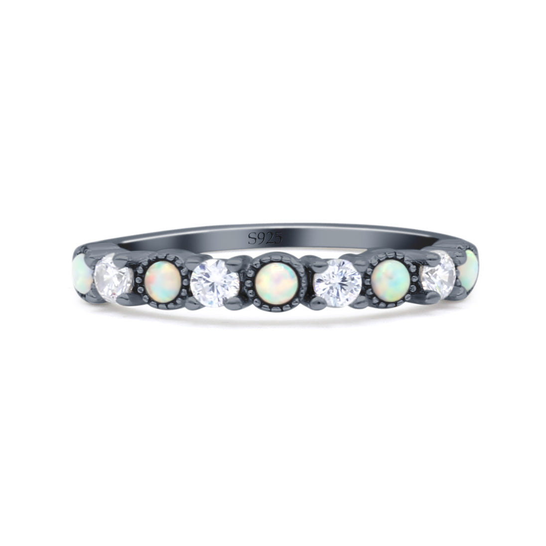 Half Eternity Ring Wedding Engagement Band Round Lab Created Opal 925 Sterling Silver