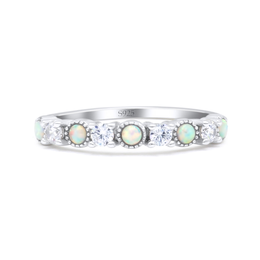 Half Eternity Ring Wedding Engagement Band Round Lab Created Opal 925 Sterling Silver