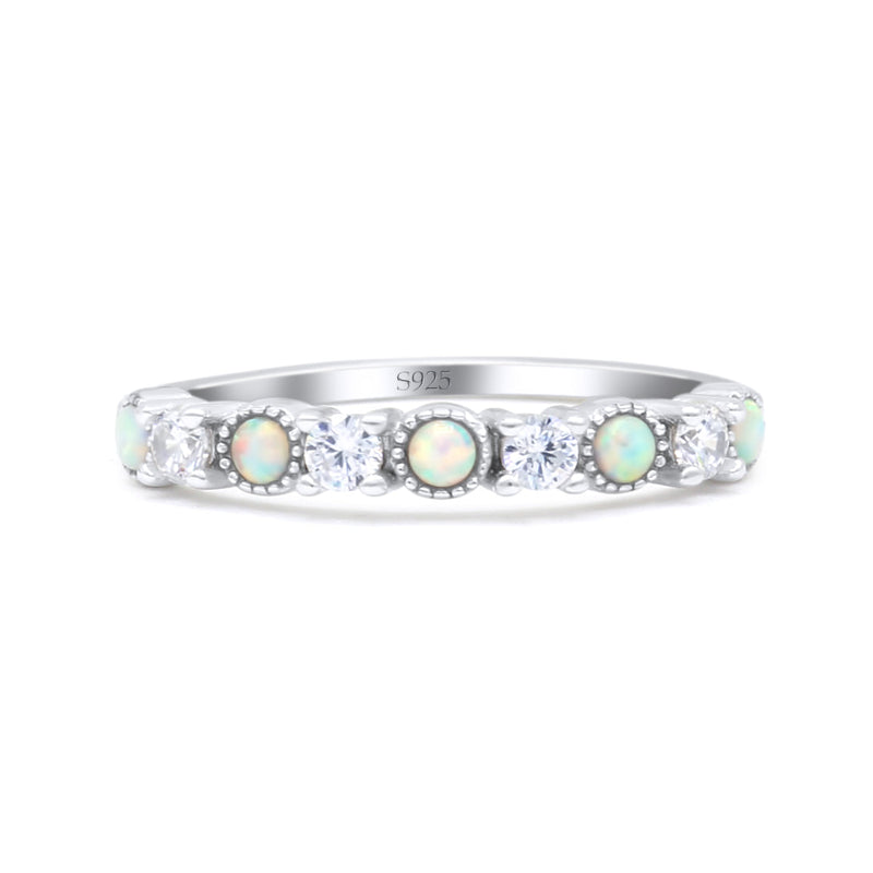 Half Eternity Ring Wedding Engagement Band Round Lab Created Opal 925 Sterling Silver