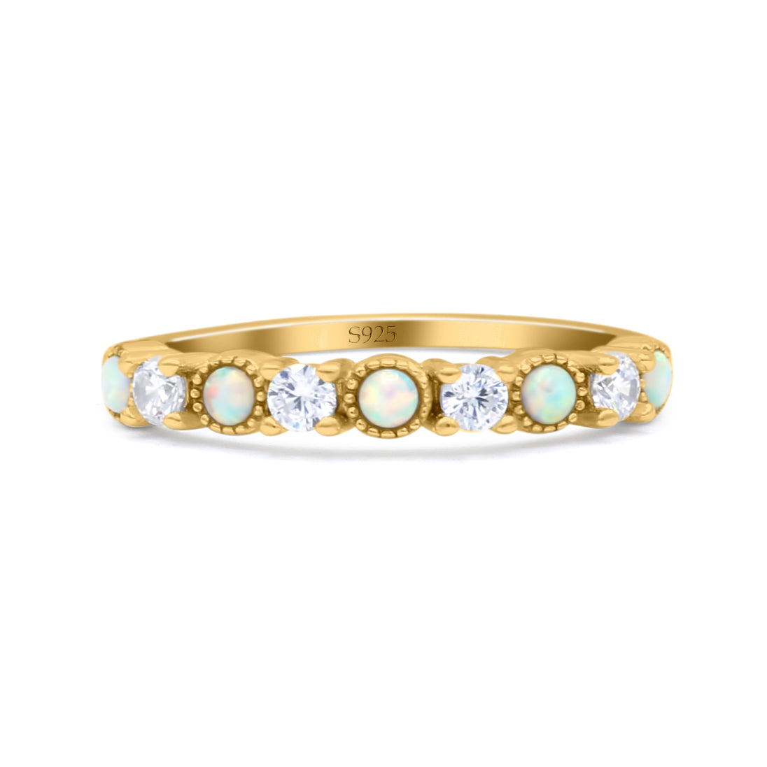 Half Eternity Ring Wedding Engagement Band Round Lab Created Opal 925 Sterling Silver