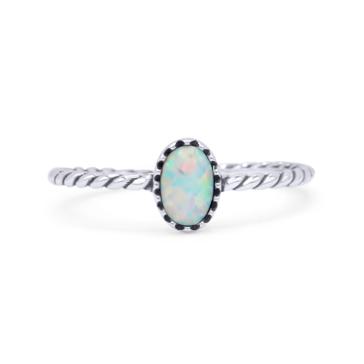 Rope Petite Dainty Lab Created Opal Oval Ring Solid 925 Sterling Silver