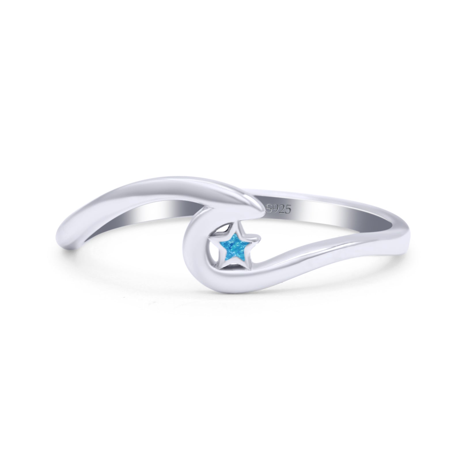 Wave & Star Wedding Engagement Ring Lab Created Opal 925 Sterling Silver