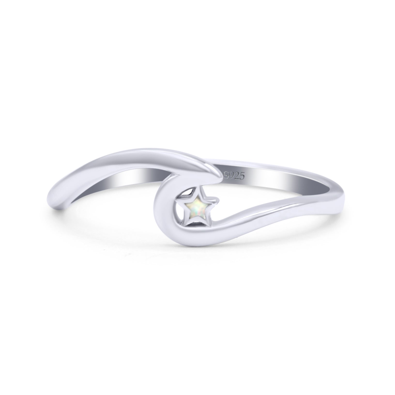 Wave & Star Wedding Engagement Ring Lab Created Opal 925 Sterling Silver