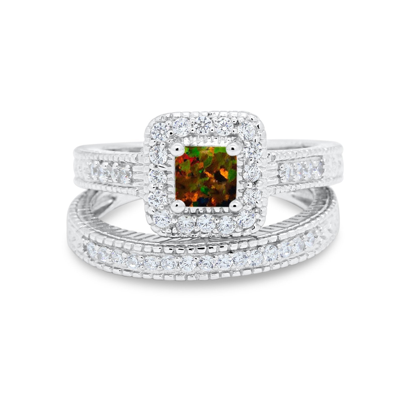 Two Piece Vintage Style Wedding Ring 925 Sterling Silver Simulated Cubic Zirconia