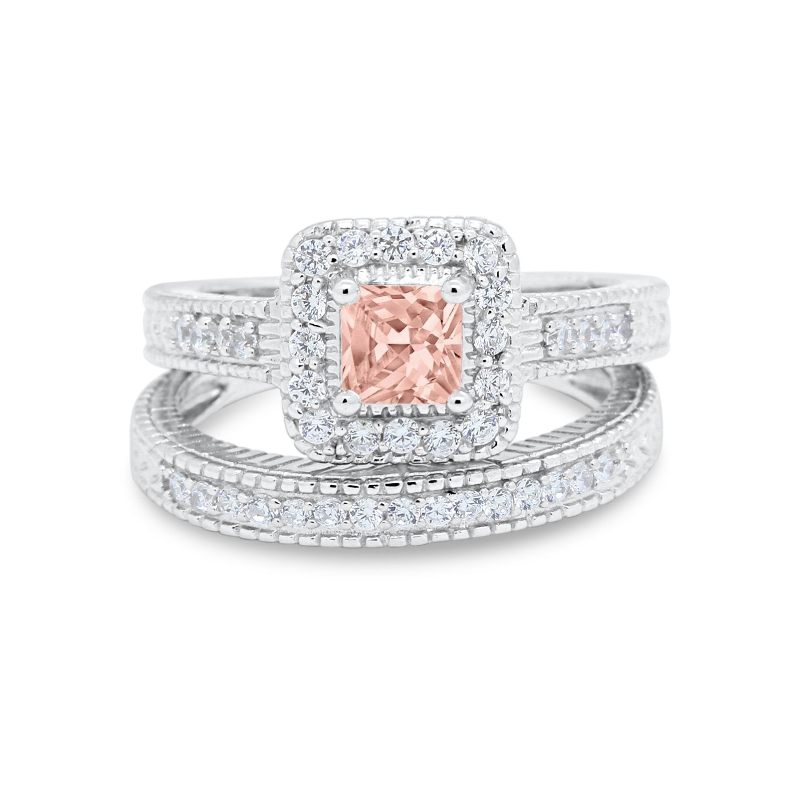 Two Piece Vintage Style Wedding Ring 925 Sterling Silver Simulated Cubic Zirconia