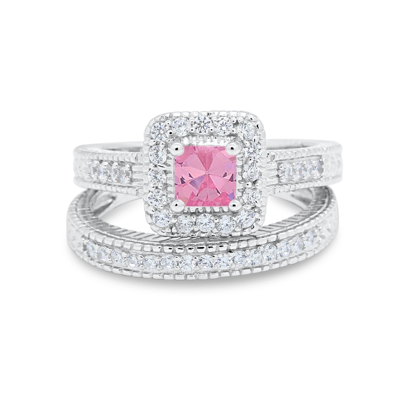 Two Piece Vintage Style Wedding Ring 925 Sterling Silver Simulated Cubic Zirconia