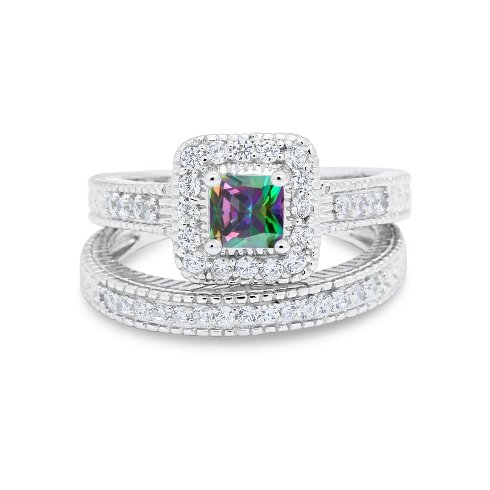 Two Piece Vintage Style Wedding Ring 925 Sterling Silver Simulated Cubic Zirconia