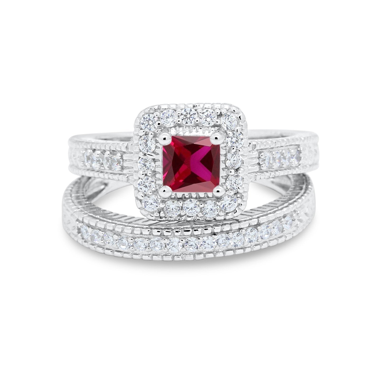 Two Piece Vintage Style Wedding Ring 925 Sterling Silver Simulated Cubic Zirconia