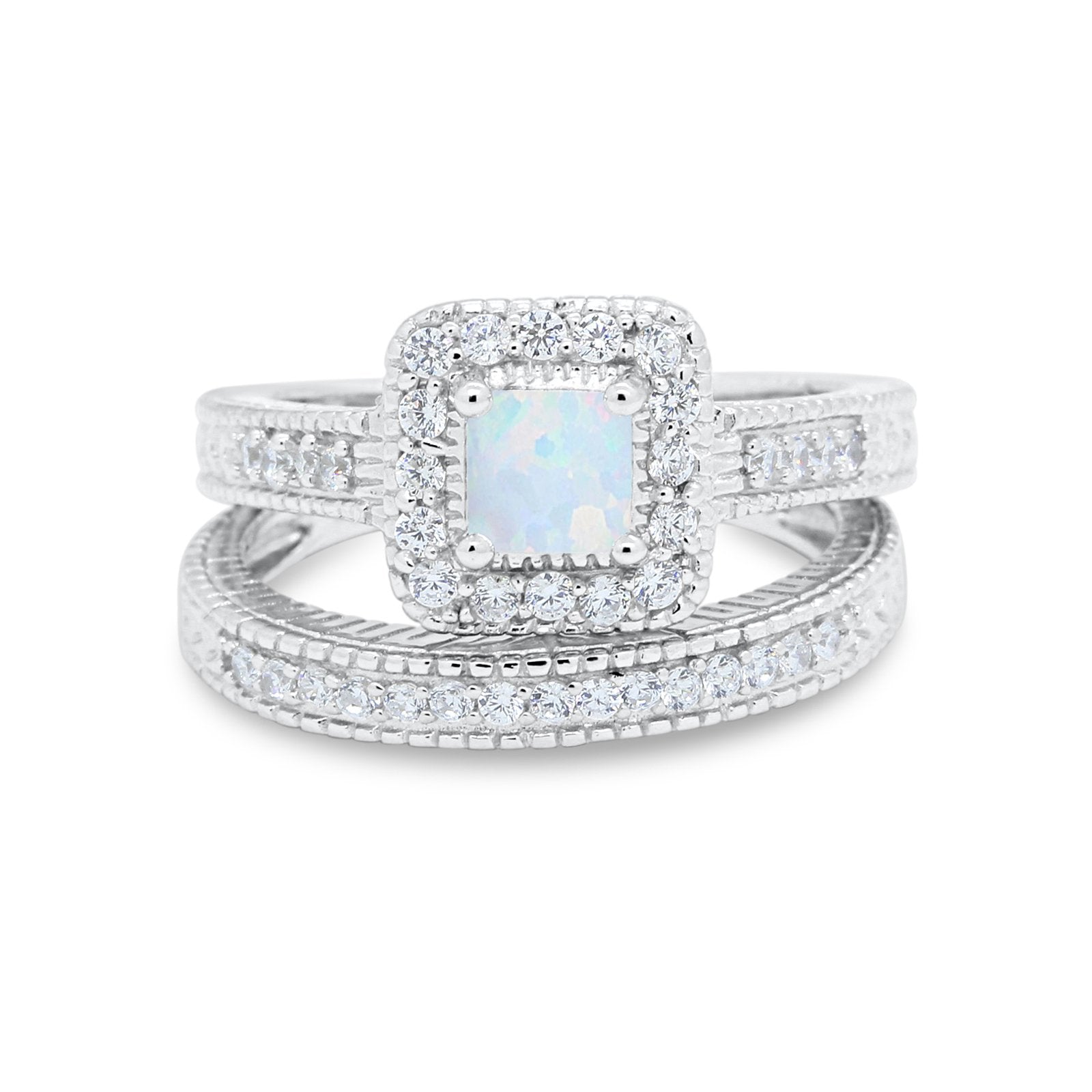 Two Piece Vintage Style Wedding Ring 925 Sterling Silver Simulated Cubic Zirconia