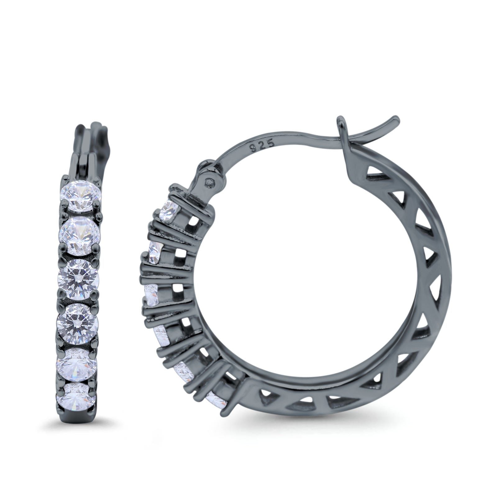 Half Eternity Huggie Hoop Earrings Round Simulated Cubic Zirconia 925 Sterling Silver (21mm)