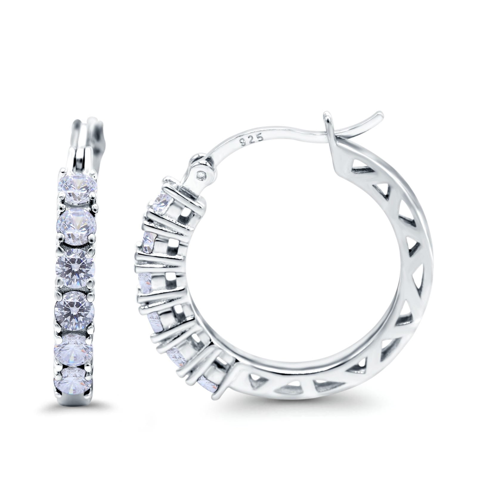 Half Eternity Huggie Hoop Earrings Round Simulated Cubic Zirconia 925 Sterling Silver (21mm)