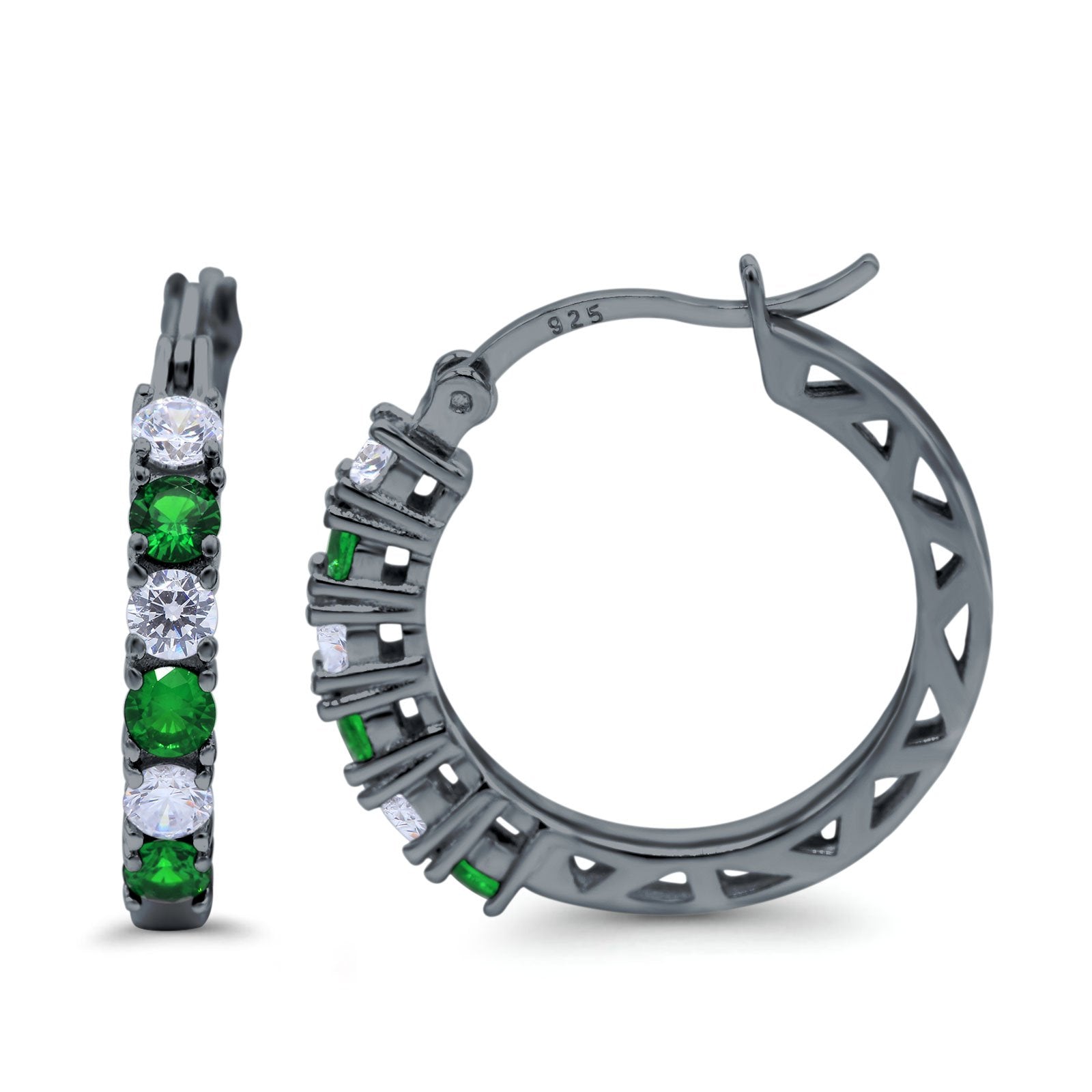 Half Eternity Huggie Hoop Earrings Round Simulated Cubic Zirconia 925 Sterling Silver (21mm)