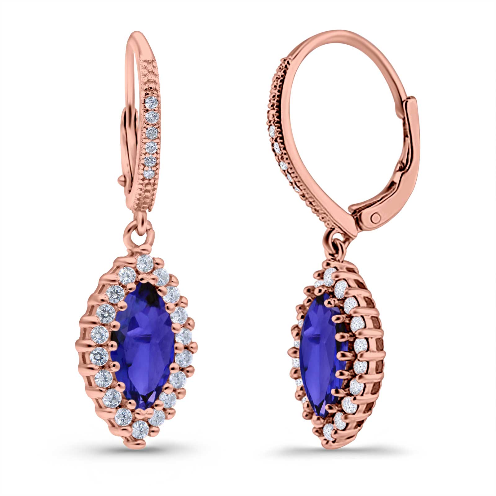 Halo Marquise Dangling Leverback Wedding Earrings Simulated Cubic Zirconia 925 Sterling Silver (31mm)