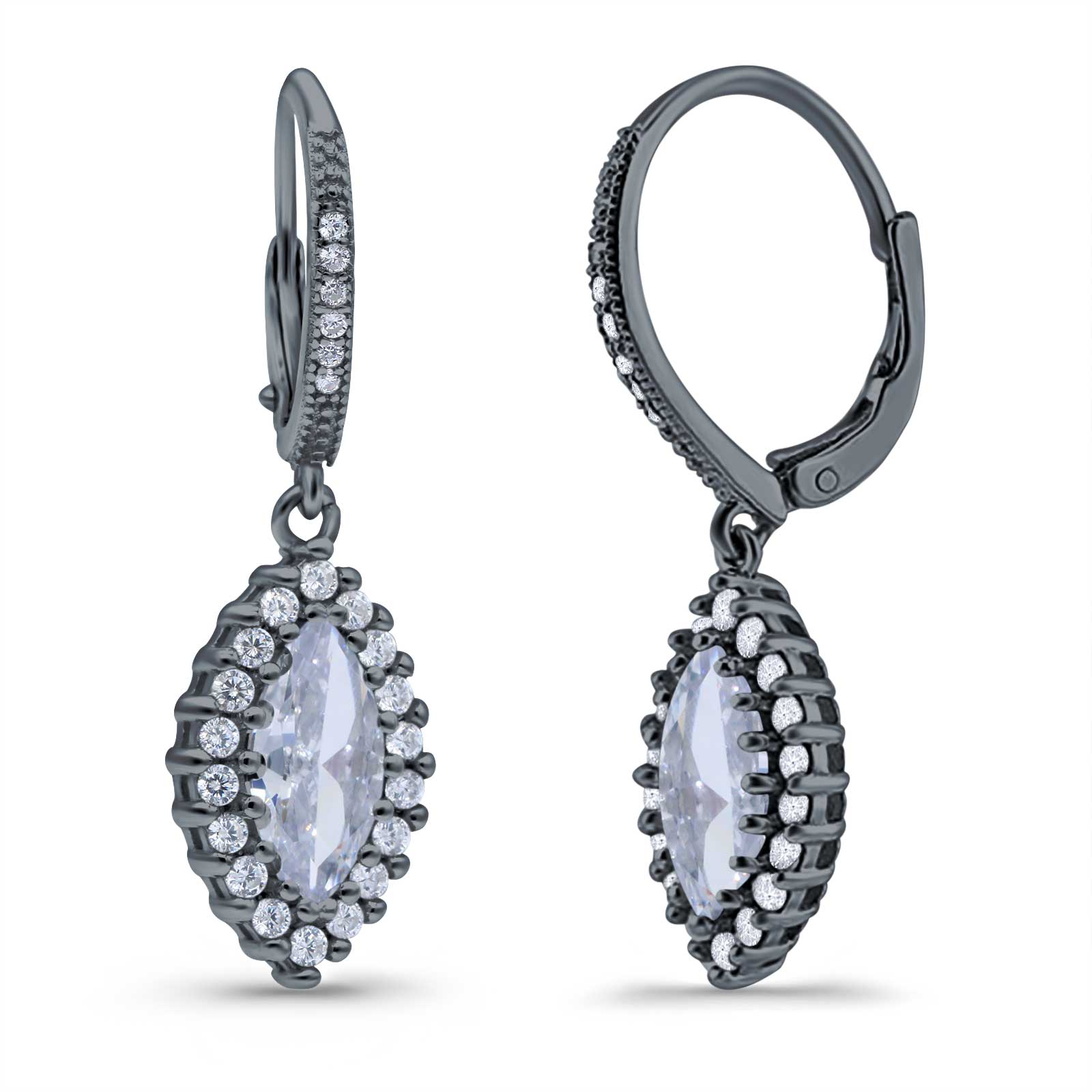 Halo Marquise Dangling Leverback Wedding Earrings Simulated Cubic Zirconia 925 Sterling Silver (31mm)