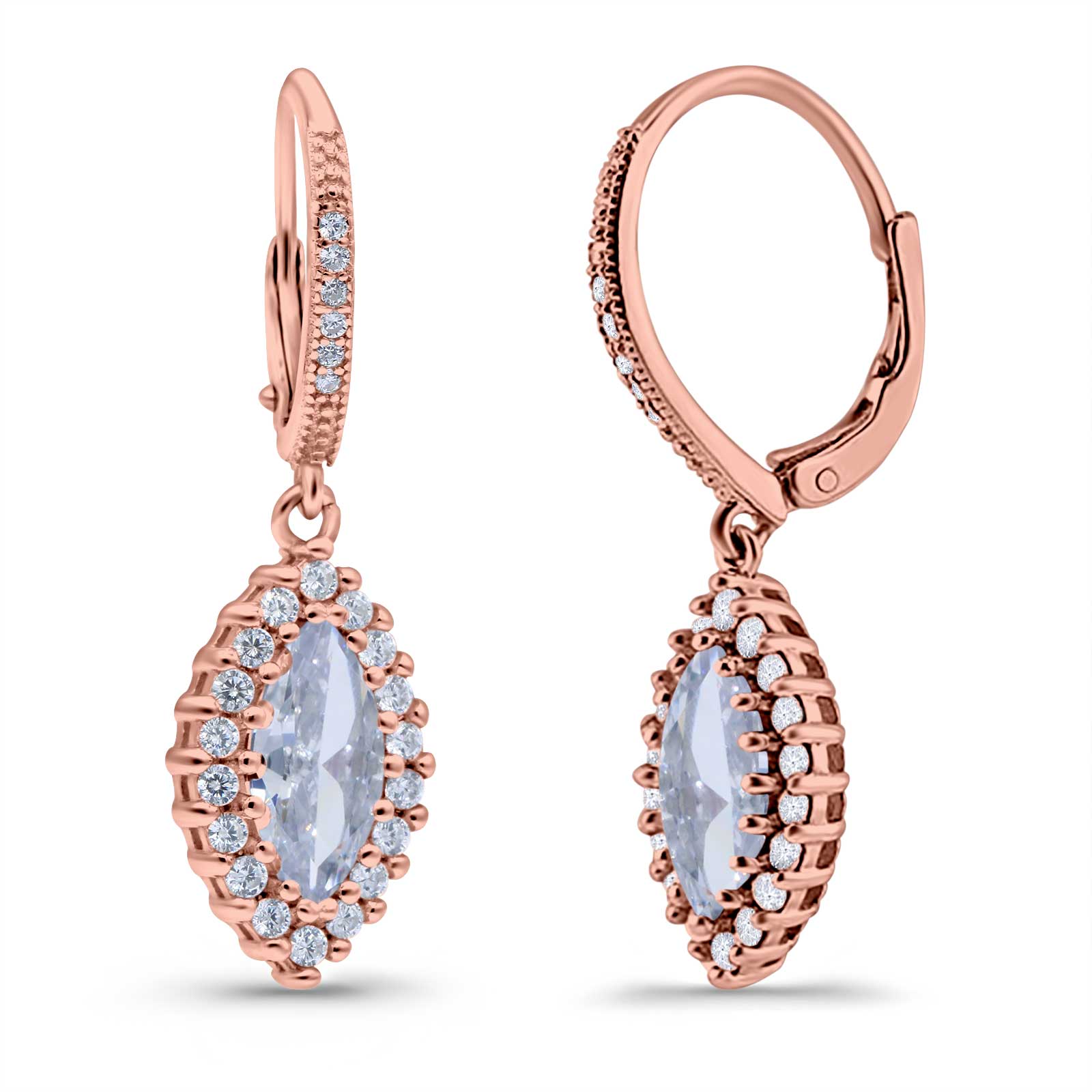 Halo Marquise Dangling Leverback Wedding Earrings Simulated Cubic Zirconia 925 Sterling Silver (31mm)
