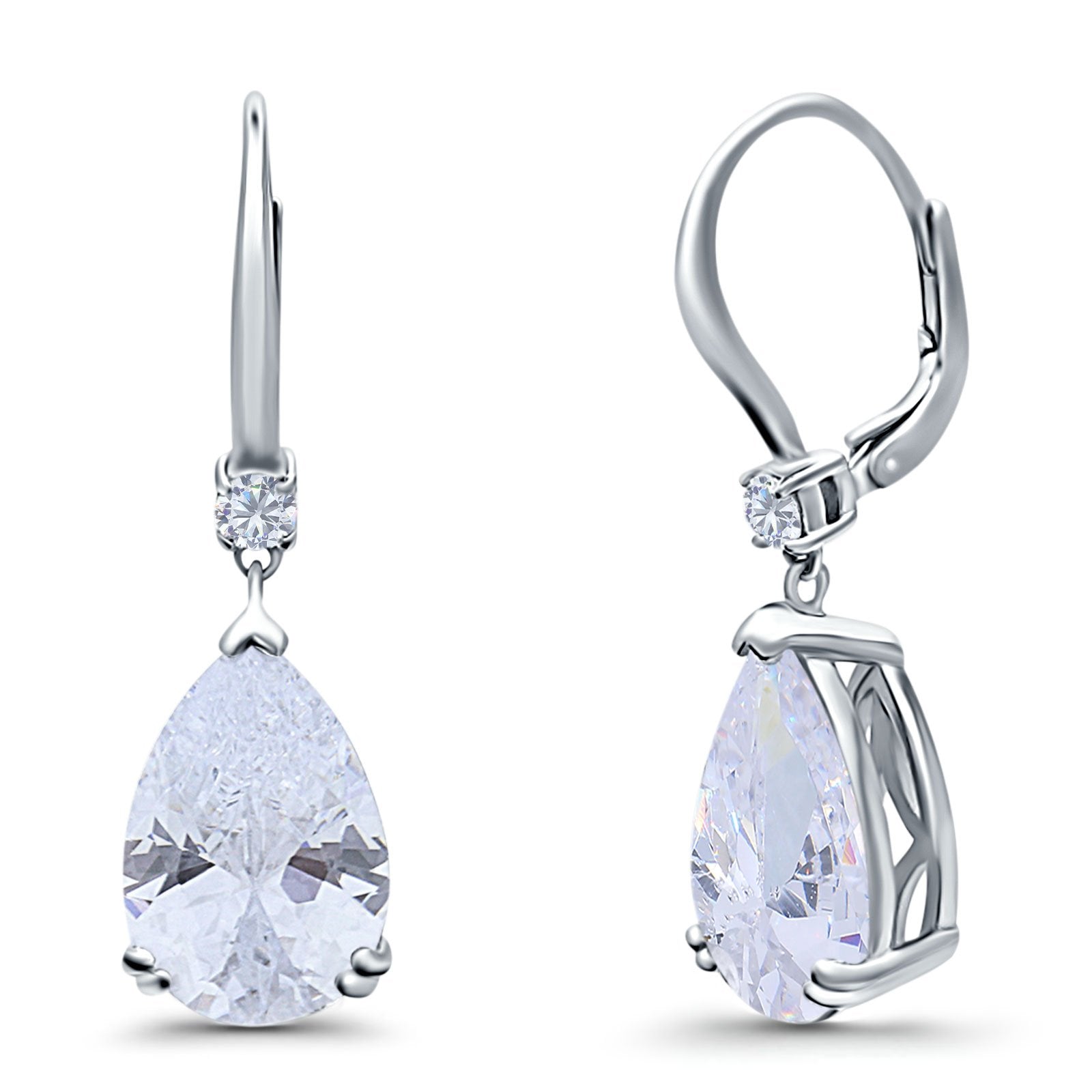 Pear Shape Dangling Leverback Earrings Wedding Simulated Cubic Zirconia 925 Sterling Silver (22mm)