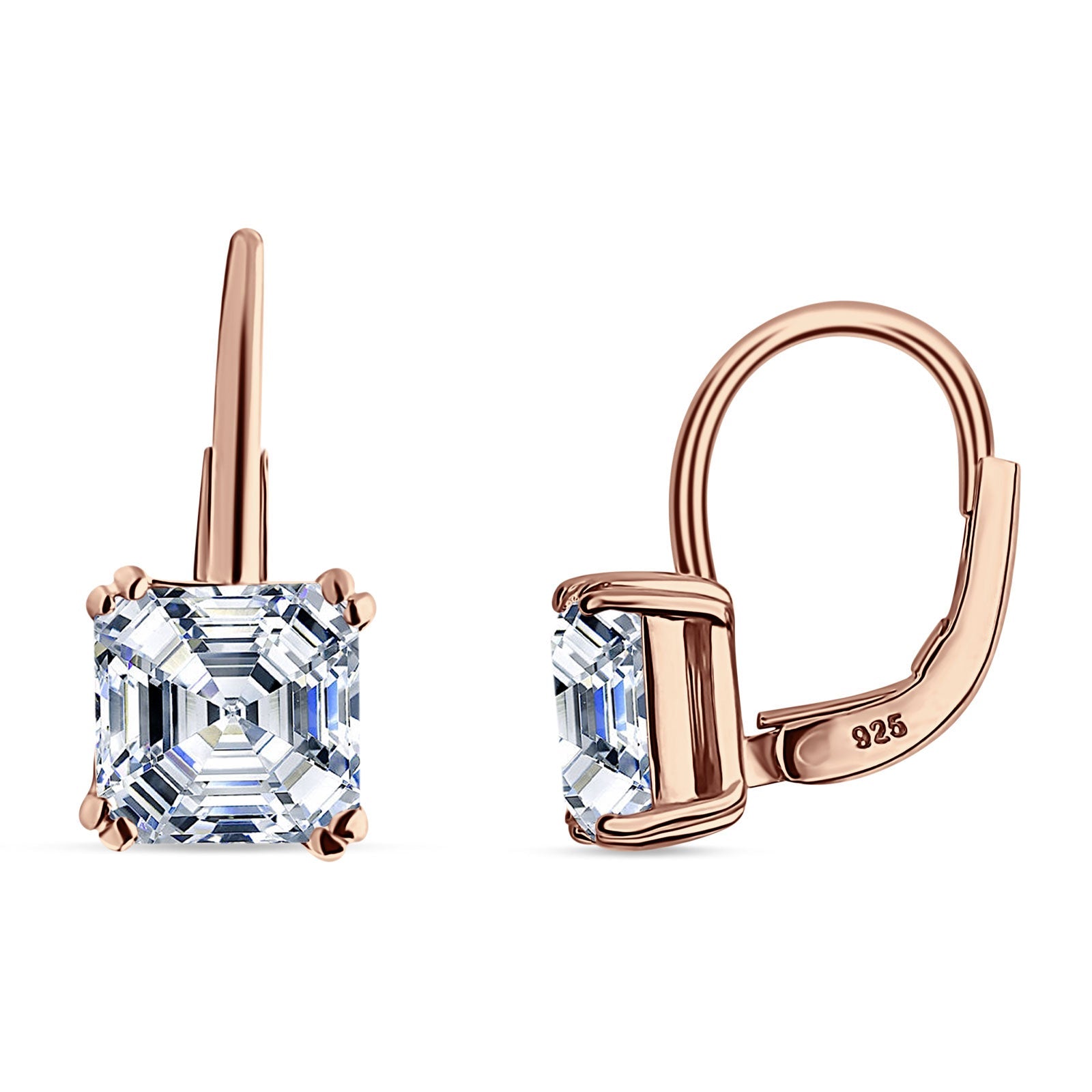Asscher Leverback Earrings Cubic Zirconia 925 Sterling Silver