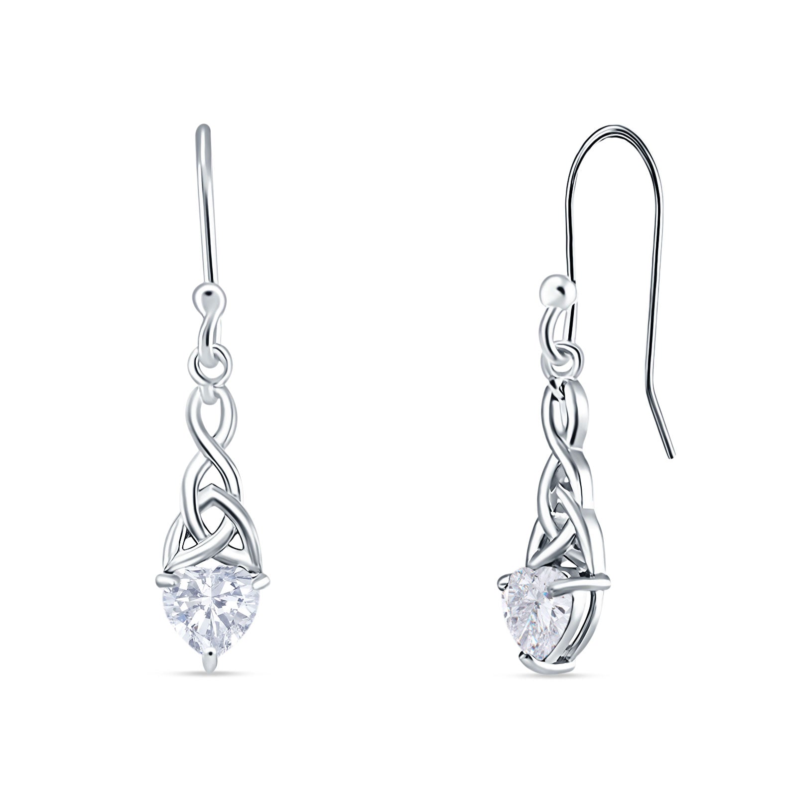 Celtic Trinity Heart Fish-Hook Earrings Cubic Zirconia 925 Sterling Silver