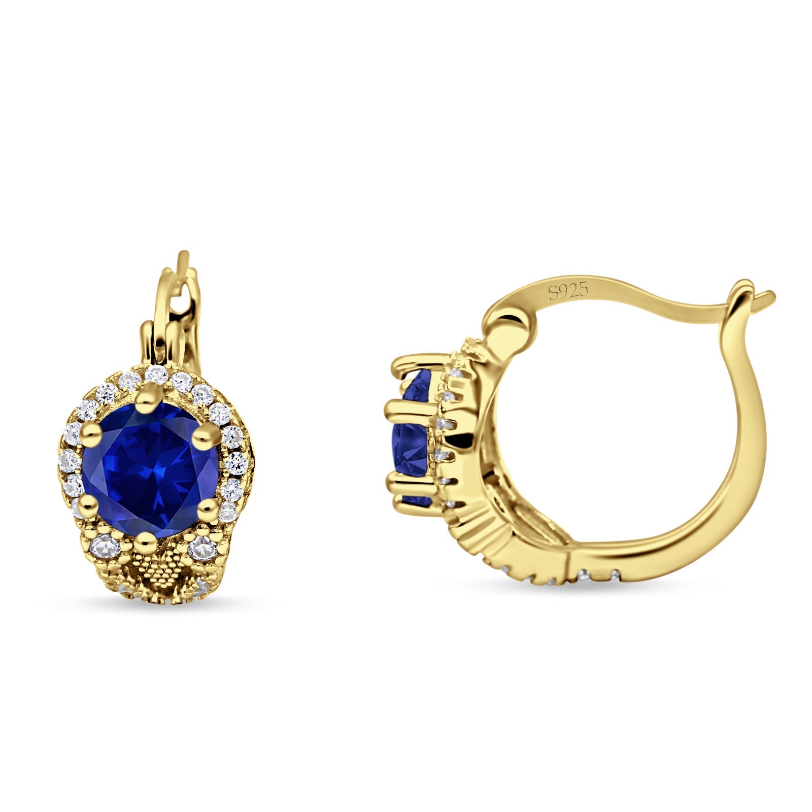 Halo Round Huggie Hoop Earrings Cubic Zirconia 925 Sterling Silver