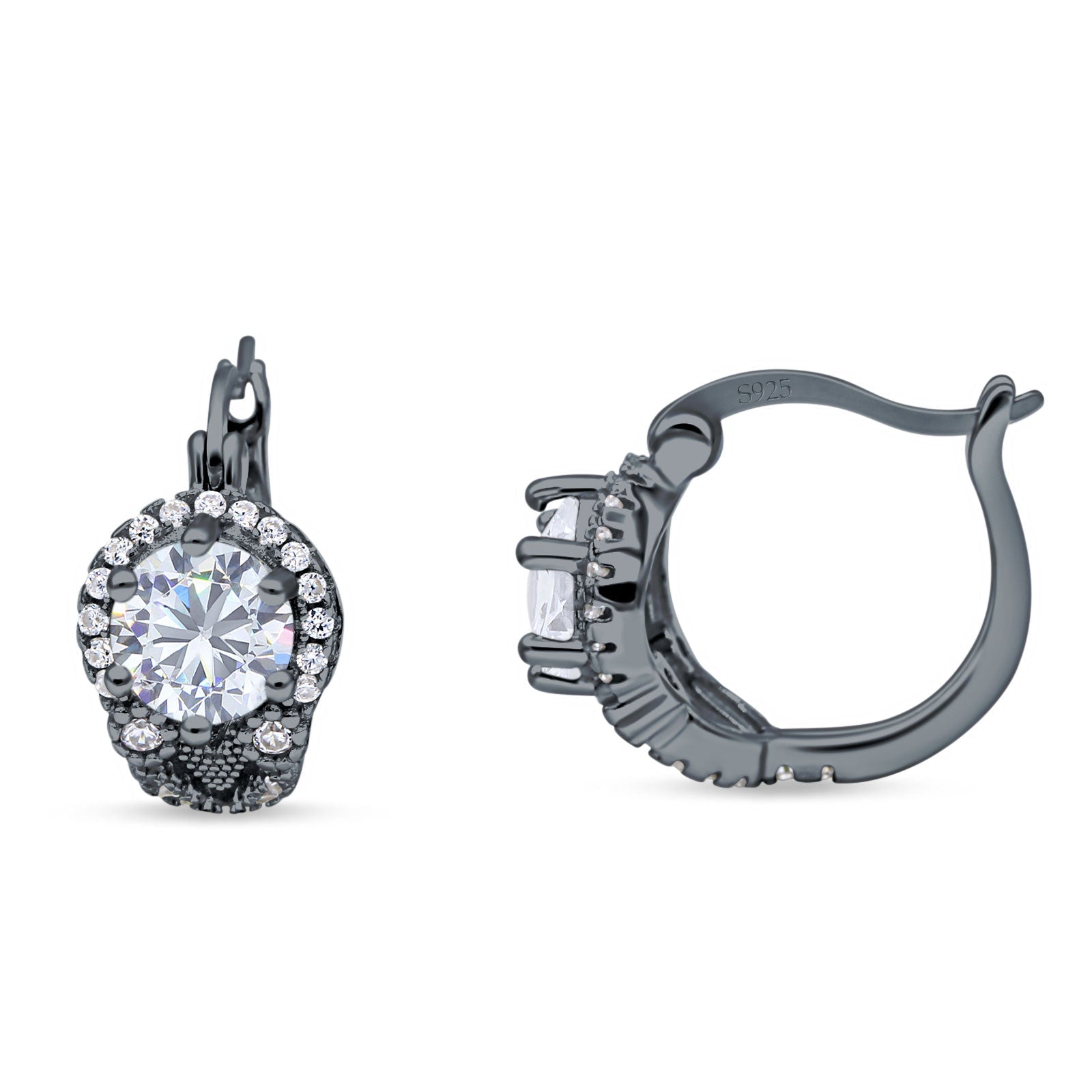 Halo Round Huggie Hoop Earrings Cubic Zirconia 925 Sterling Silver